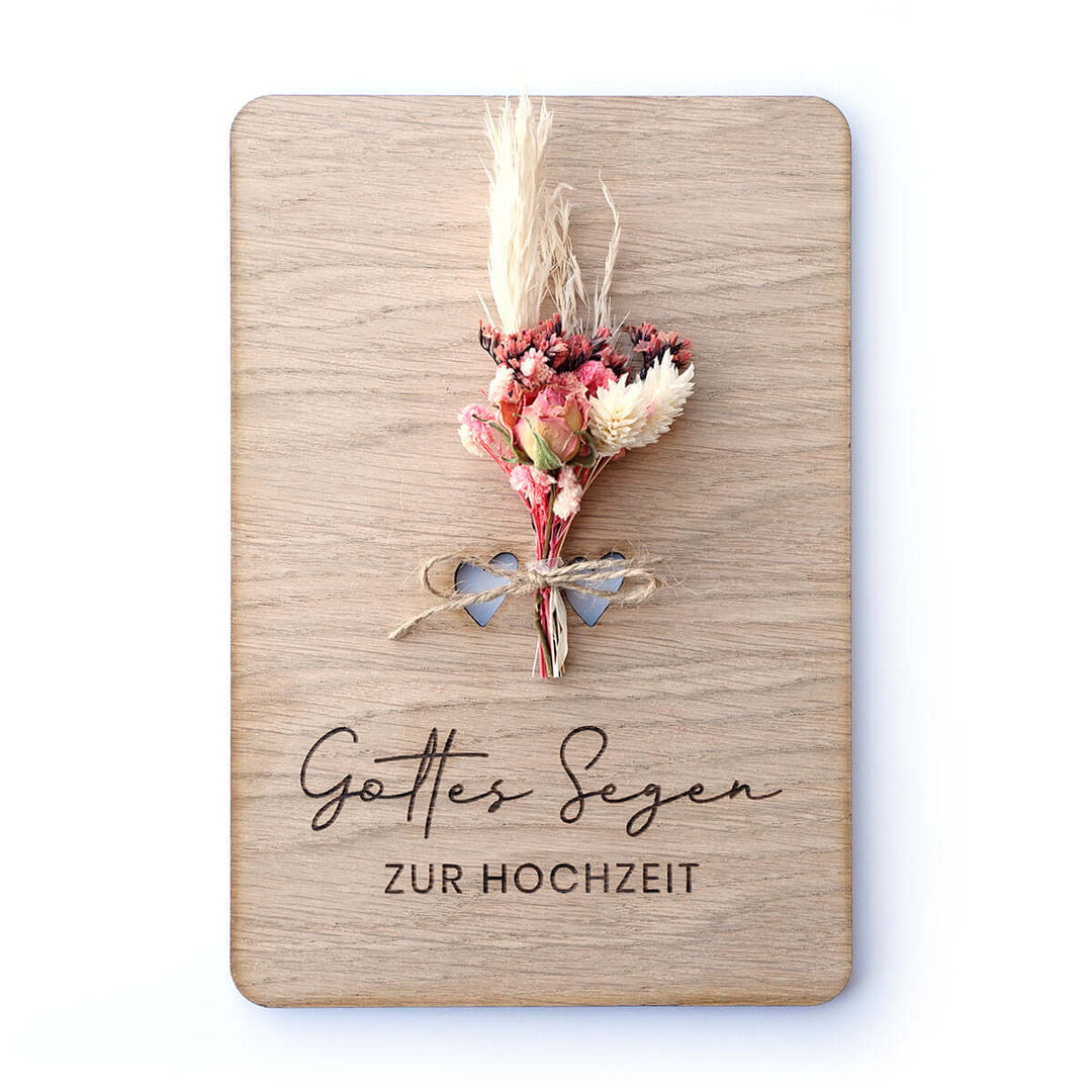 Holzdeko "Gottes Segen zur Hochzeit" 3D mit Trockenblumen & Gravur – Aus Gnade