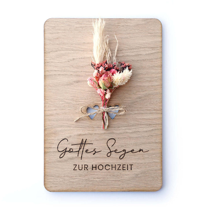 Holzdeko "Gottes Segen zur Hochzeit" 3D mit Trockenblumen & Gravur – Aus Gnade