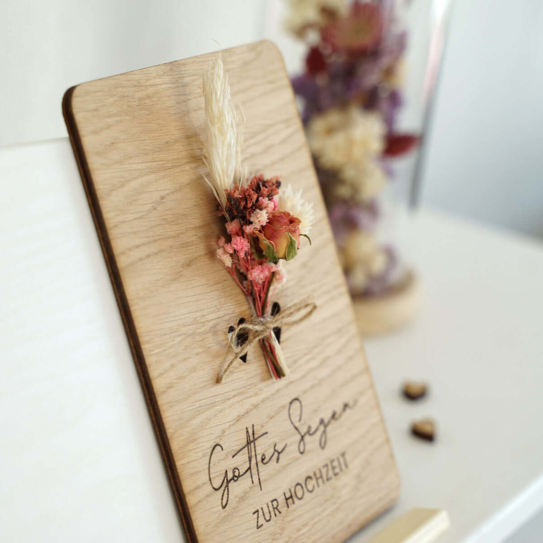 Holzdeko "Gottes Segen zur Hochzeit" 3D mit Trockenblumen & Gravur – Aus Gnade
