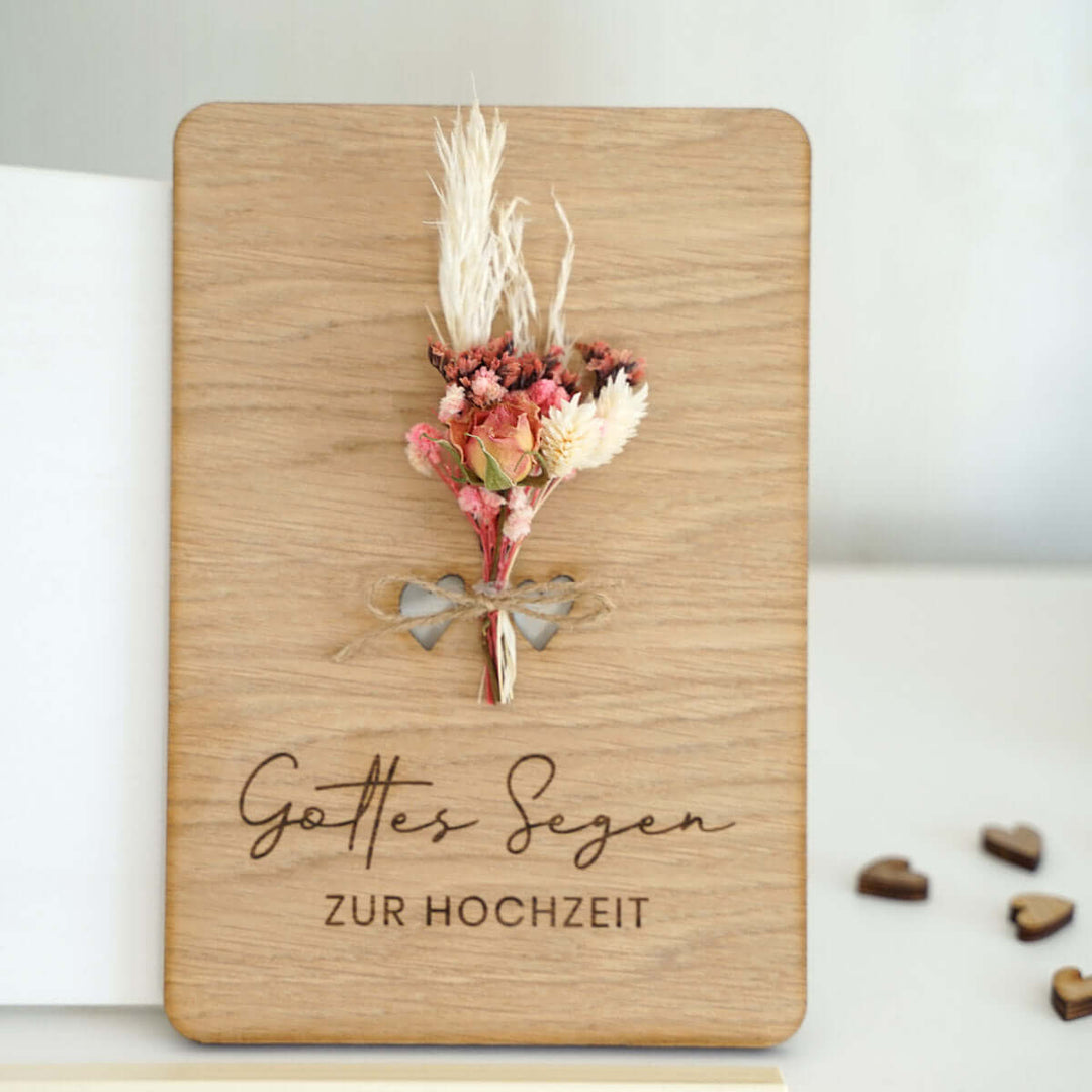 Holzdeko "Gottes Segen zur Hochzeit" 3D mit Trockenblumen & Gravur – Aus Gnade