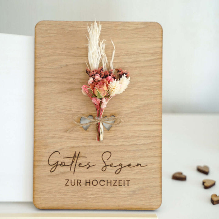 Holzdeko "Gottes Segen zur Hochzeit" 3D mit Trockenblumen & Gravur – Aus Gnade