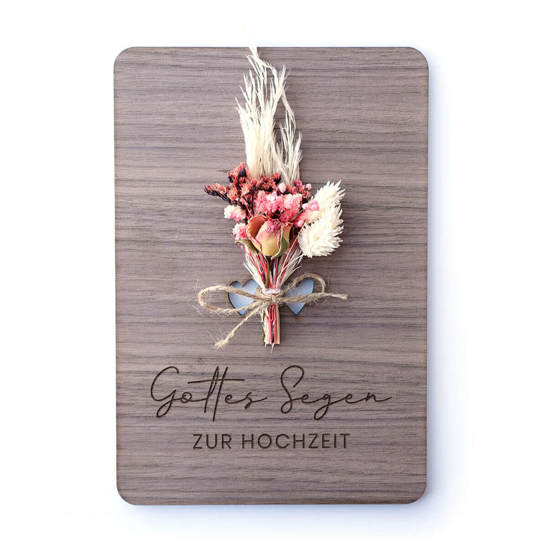 Holzdeko "Gottes Segen zur Hochzeit" 3D mit Trockenblumen & Gravur – Aus Gnade