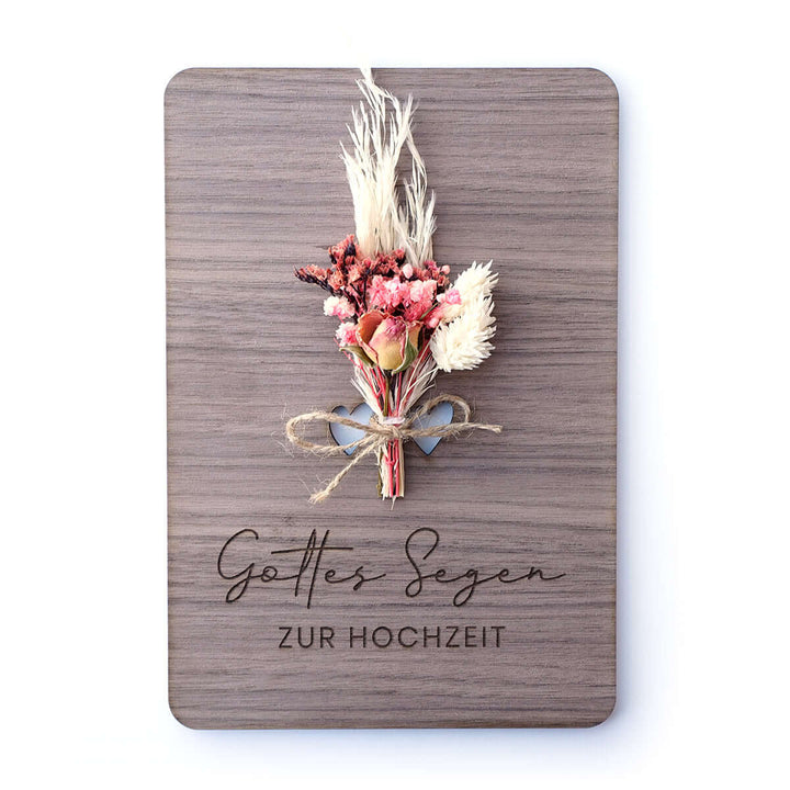 Holzdeko "Gottes Segen zur Hochzeit" 3D mit Trockenblumen & Gravur – Aus Gnade