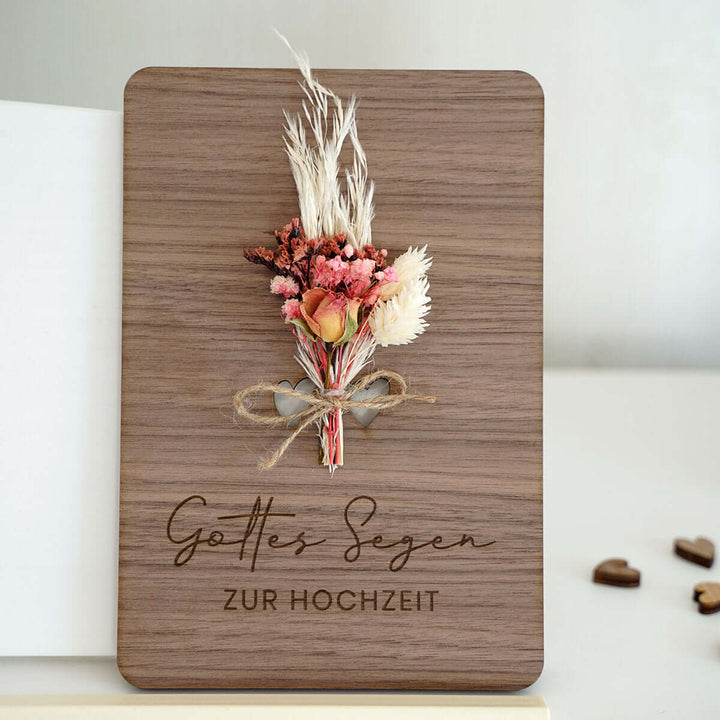 Holzdeko "Gottes Segen zur Hochzeit" 3D mit Trockenblumen & Gravur – Aus Gnade