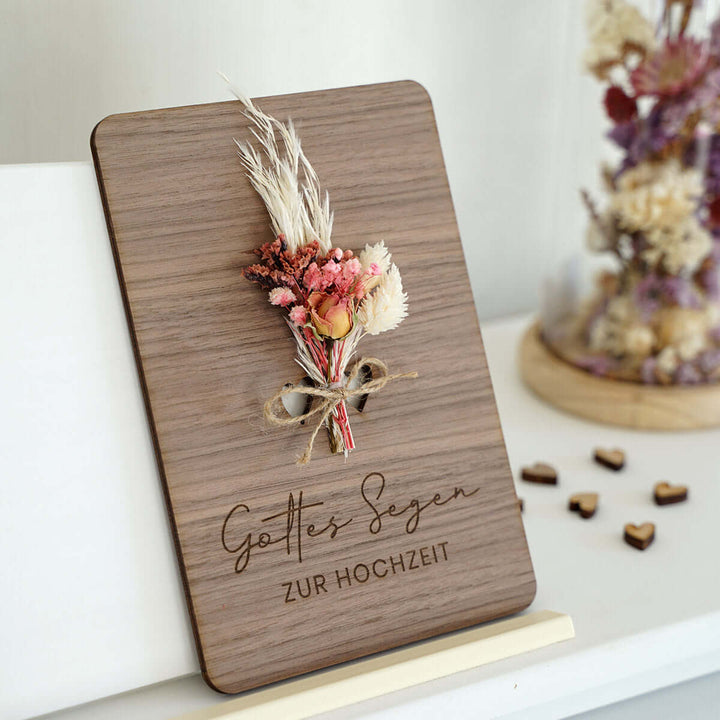 Holzdeko "Gottes Segen zur Hochzeit" 3D mit Trockenblumen & Gravur – Aus Gnade