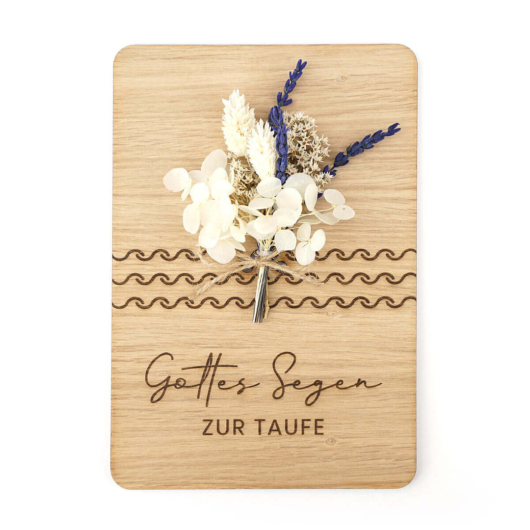 Holzdeko "Gottes Segen zur Taufe" 3D mit Trockenblumen & Gravur – Aus Gnade