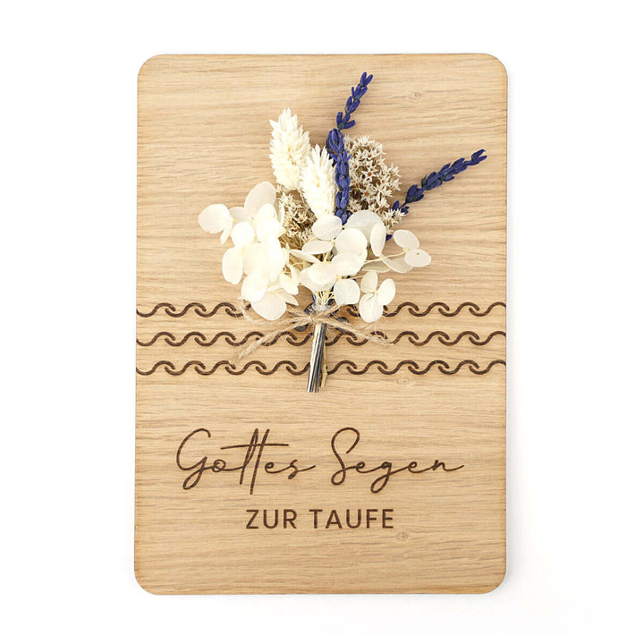 Holzdeko "Gottes Segen zur Taufe" 3D mit Trockenblumen & Gravur – Aus Gnade