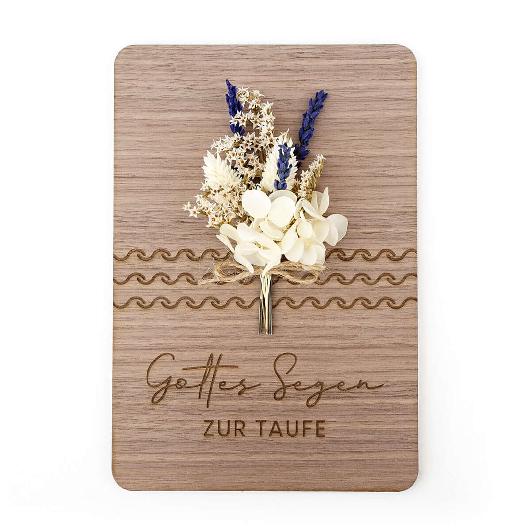 Holzdeko "Gottes Segen zur Taufe" 3D mit Trockenblumen & Gravur – Aus Gnade