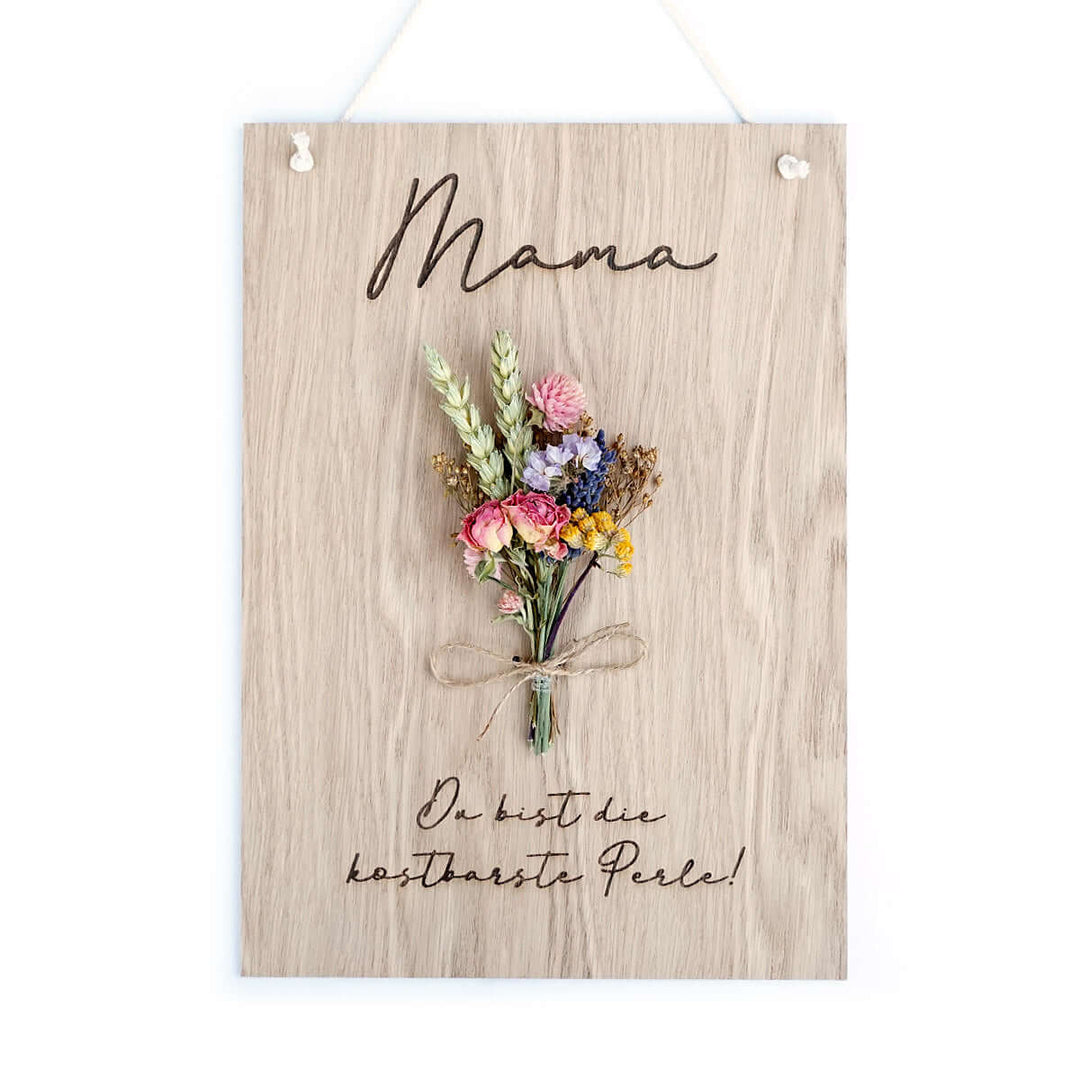 Holzschild "Mama" 3D mit Trockenblumen & Gravur – Aus Gnade
