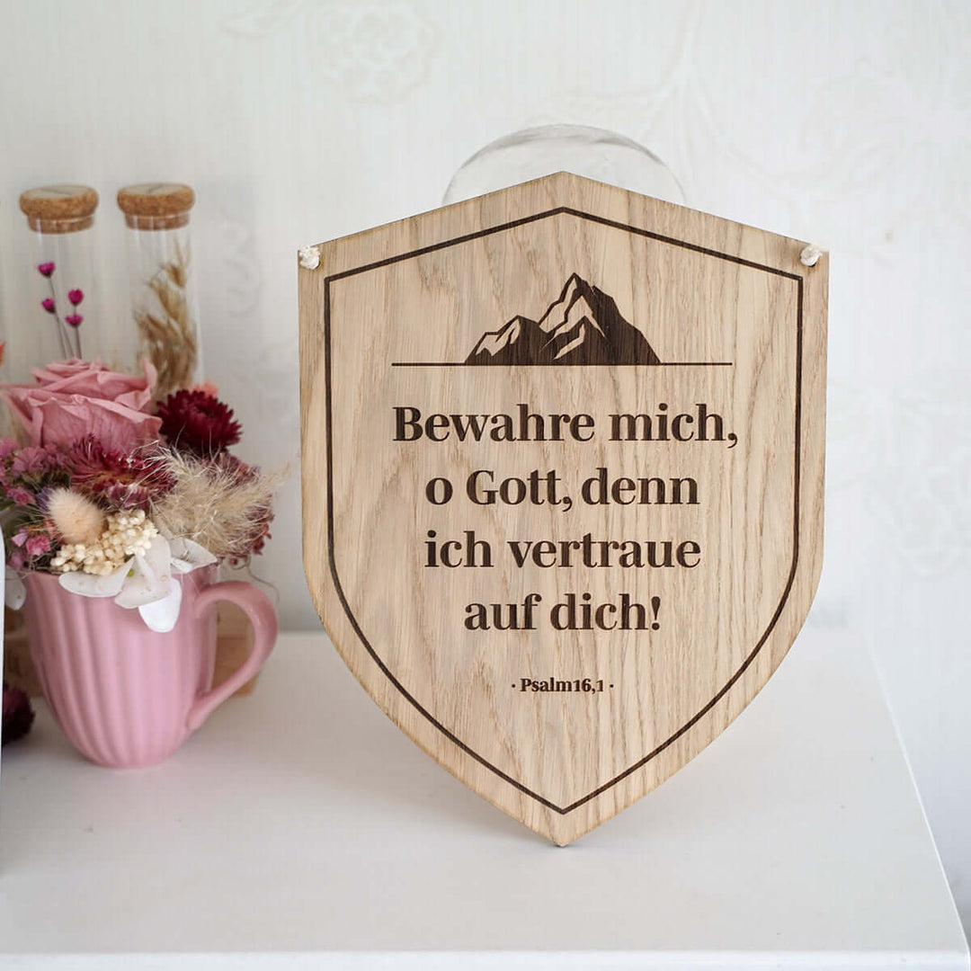 Holzschild "Bewahre mich, o Gott" · Schild mit Bibelvers Gravur – Aus Gnade