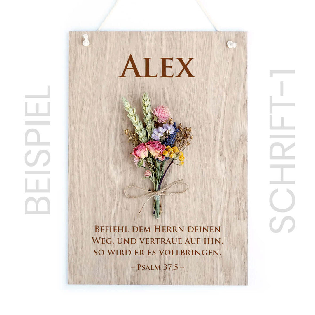 Personalisiertes Holzschild "Trockenblumen" · 3D mit Trockenblumen & Gravur