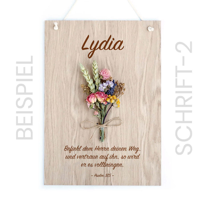 Personalisiertes Holzschild "Trockenblumen" · 3D mit Trockenblumen & Gravur