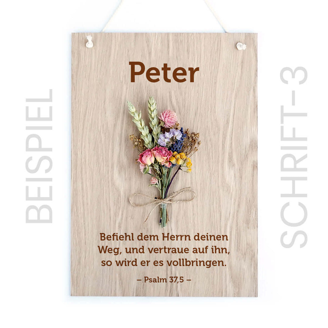 Personalisiertes Holzschild "Trockenblumen" · 3D mit Trockenblumen & Gravur
