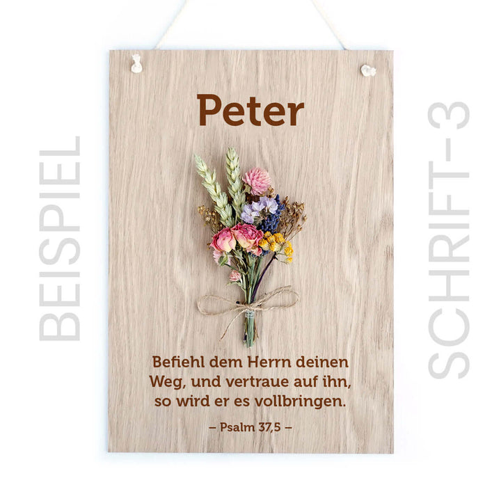 Personalisiertes Holzschild "Trockenblumen" · 3D mit Trockenblumen & Gravur