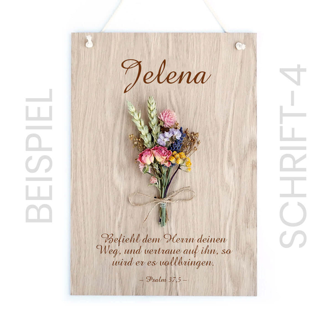 Personalisiertes Holzschild "Trockenblumen" · 3D mit Trockenblumen & Gravur