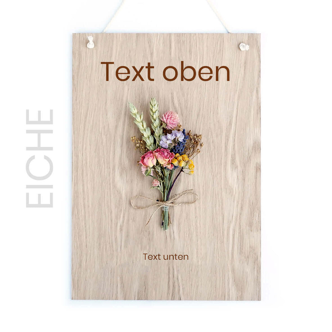 Personalisiertes Holzschild "Trockenblumen" · 3D mit Trockenblumen & Gravur