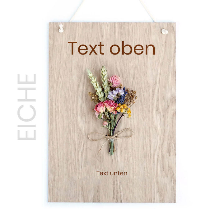 Personalisiertes Holzschild "Trockenblumen" · 3D mit Trockenblumen & Gravur