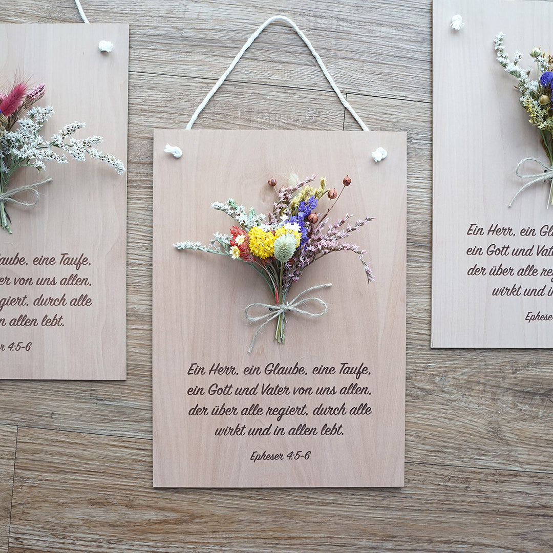 Personalisiertes Holzschild "Trockenblumen" · 3D mit Trockenblumen & Gravur