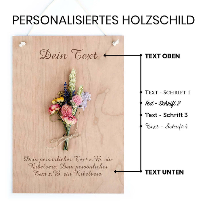 Personalisiertes Holzschild "Trockenblumen" · 3D mit Trockenblumen & Gravur