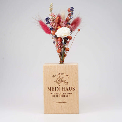 Holzvase "Mein Haus" mit Trockenblumen · handgefertigt · Gravur – Aus Gnade