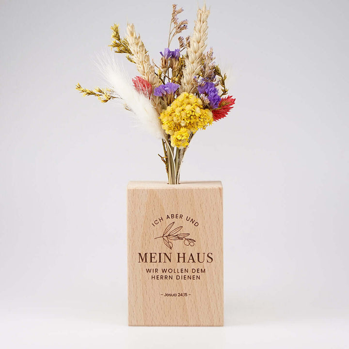 Holzvase "Mein Haus" mit Trockenblumen · Gravur