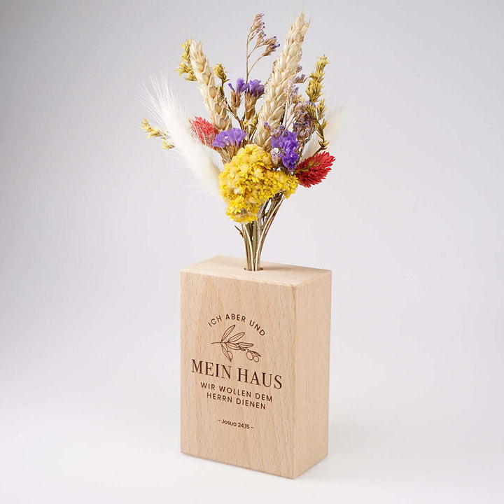 Holzvase "Mein Haus" mit Trockenblumen · Gravur