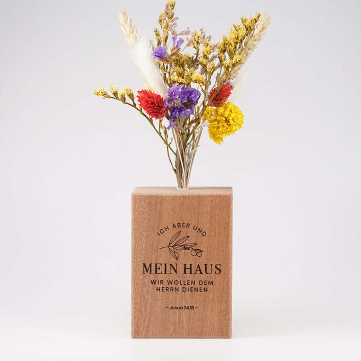 Holzvase "Mein Haus" mit Trockenblumen · Gravur