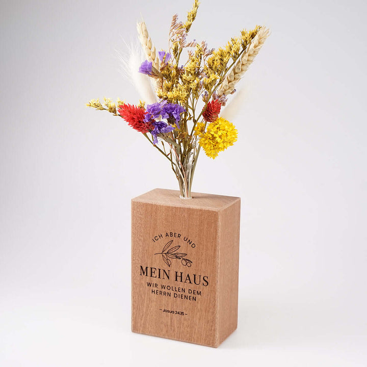 Holzvase "Mein Haus" mit Trockenblumen · Gravur