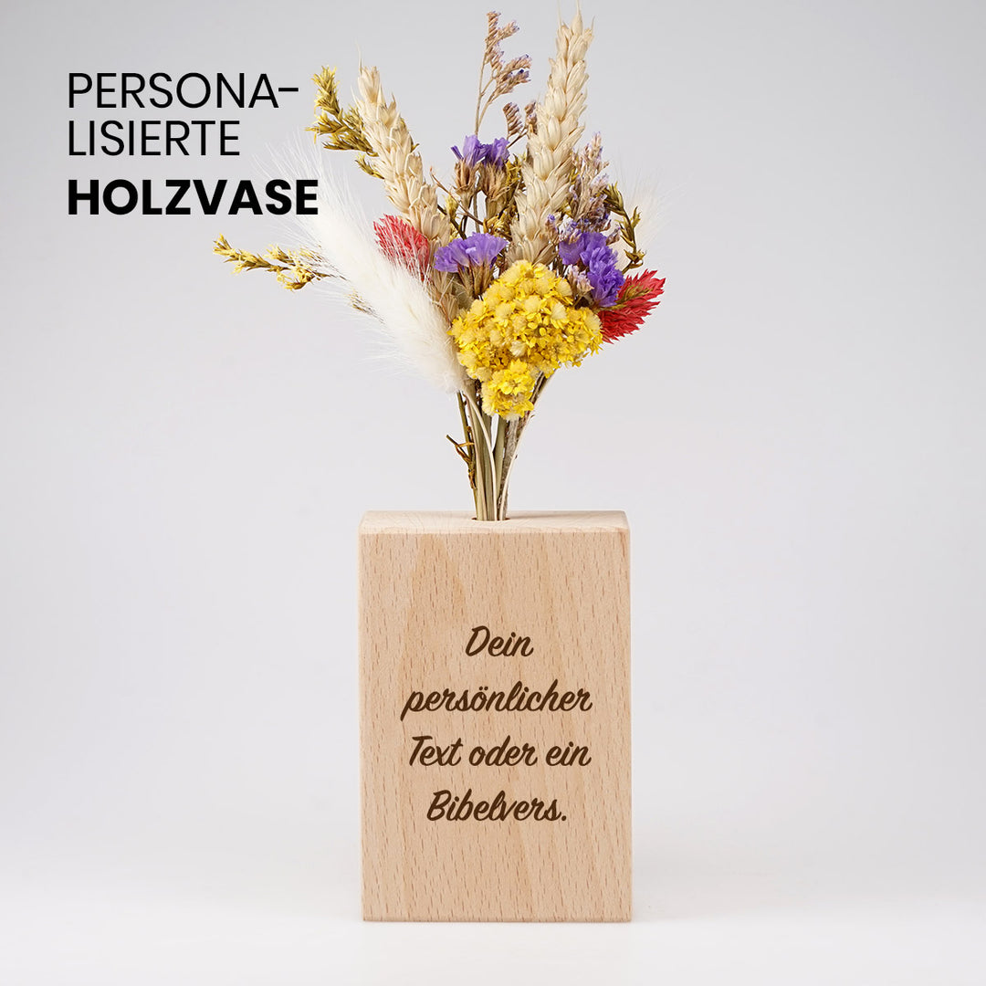 Personalisierte Holzvase "Dein Text" mit Trockenblumen · Gravur