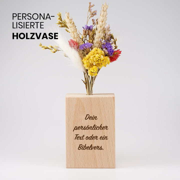 Personalisierte Holzvase "Dein Text" mit Trockenblumen · Gravur