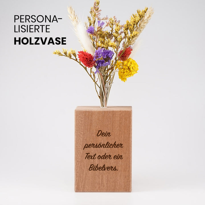 Personalisierte Holzvase "Dein Text" mit Trockenblumen · Gravur