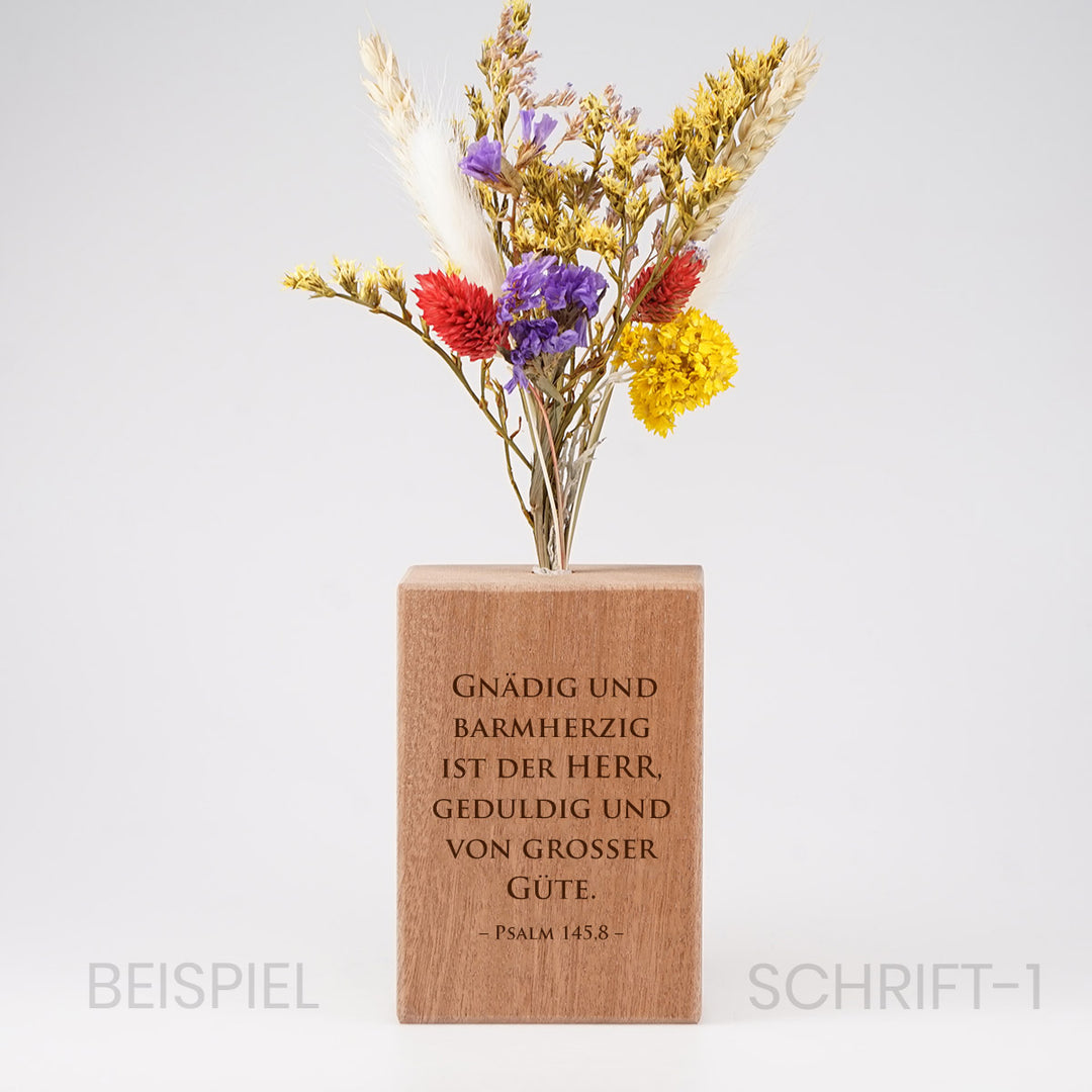 Personalisierte Holzvase "Dein Text" mit Trockenblumen · Gravur