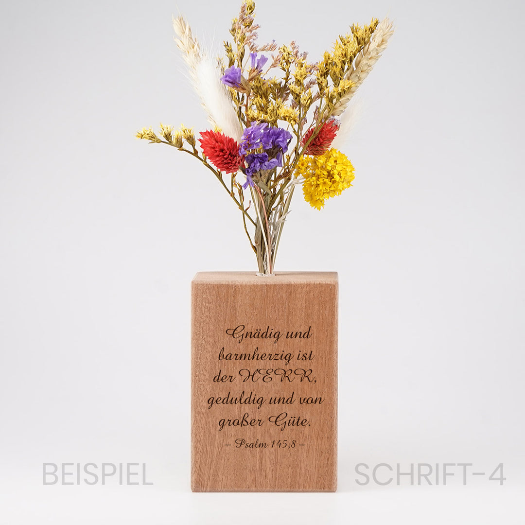 Personalisierte Holzvase "Dein Text" mit Trockenblumen · Gravur