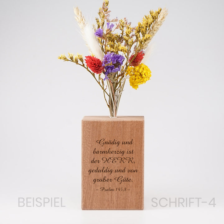 Personalisierte Holzvase "Dein Text" mit Trockenblumen · Gravur