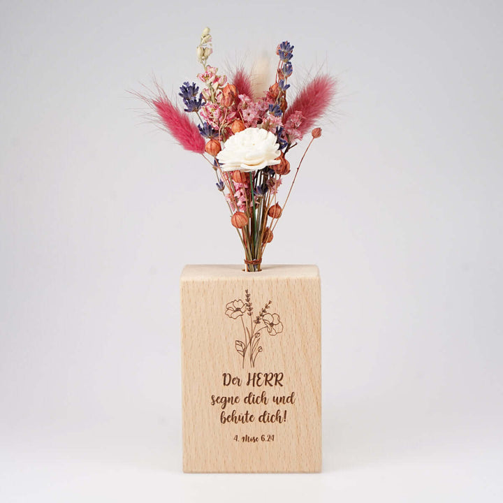 Holzvase "Gottes Segen" mit Trockenblumen · handgefertigt · Gravur – Aus Gnade