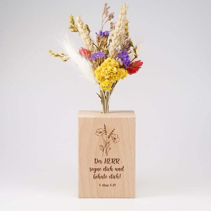 Holzvase "Gottes Segen" mit Trockenblumen · Gravur