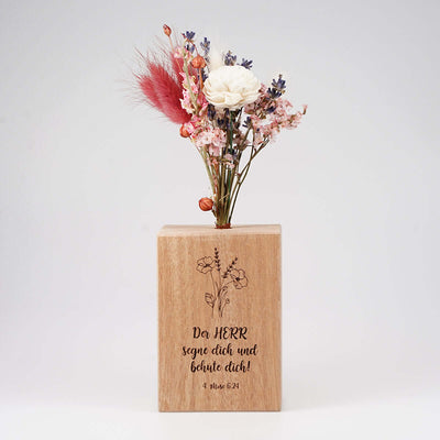 Holzvase "Gottes Segen" mit Trockenblumen · handgefertigt · Gravur – Aus Gnade