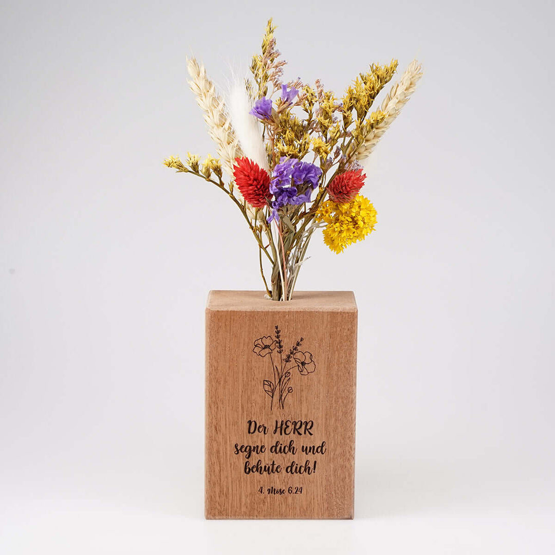 Holzvase "Gottes Segen" mit Trockenblumen · Gravur