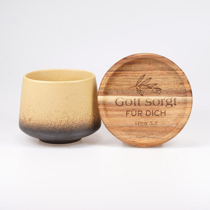 Kaffeetasse "Crema" · inkl. Holzuntersetzer mit Bibelvers-Gravur
