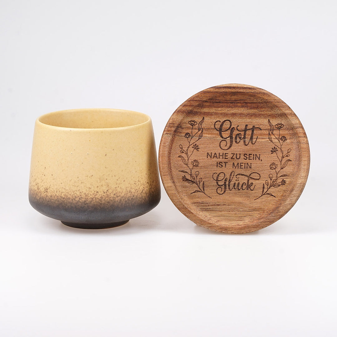 Kaffeetasse "Crema" · inkl. Holzuntersetzer mit Bibelvers-Gravur