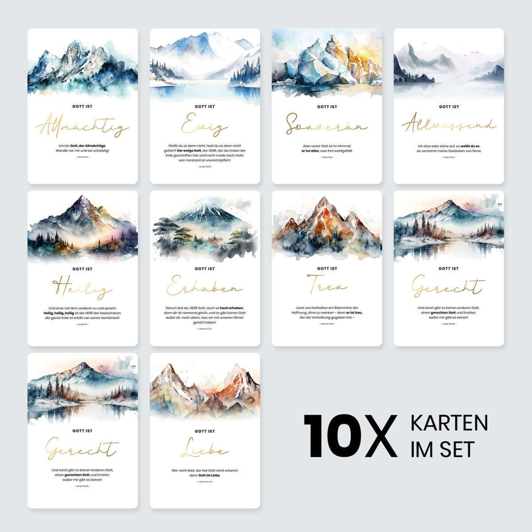 Kartenset "Gottes Wesen" Berge · 10 gold veredelte Karten inkl. Holz-Kartenhalter – Aus Gnade