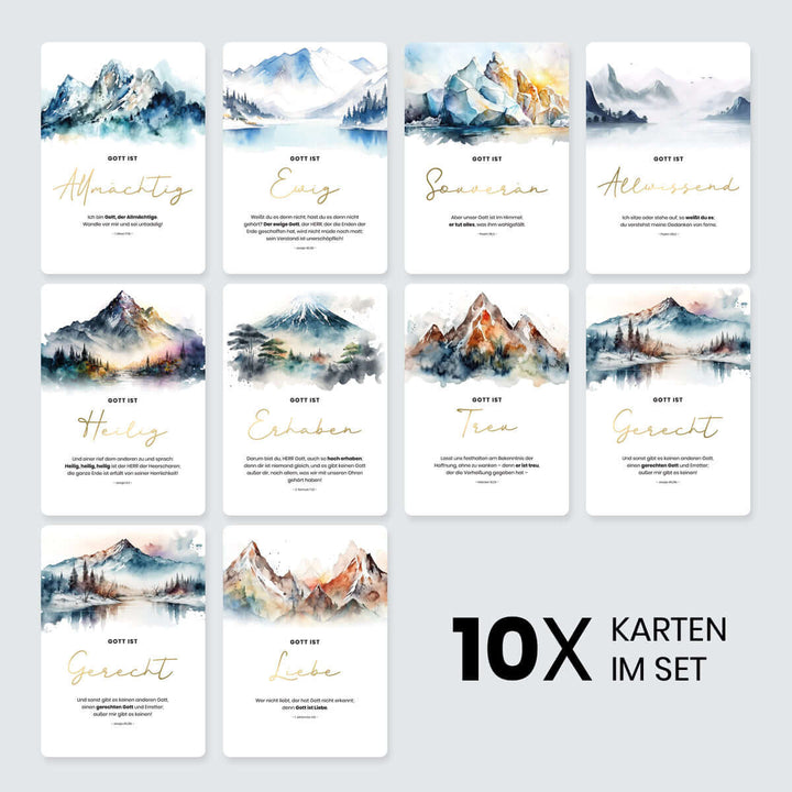 Kartenset "Gottes Wesen" Berge · 10 gold veredelte Karten inkl. Holz-Kartenhalter – Aus Gnade