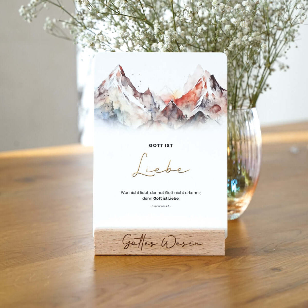 Kartenset "Gottes Wesen" Berge · 10 gold veredelte Karten inkl. Holz-Kartenhalter – Aus Gnade
