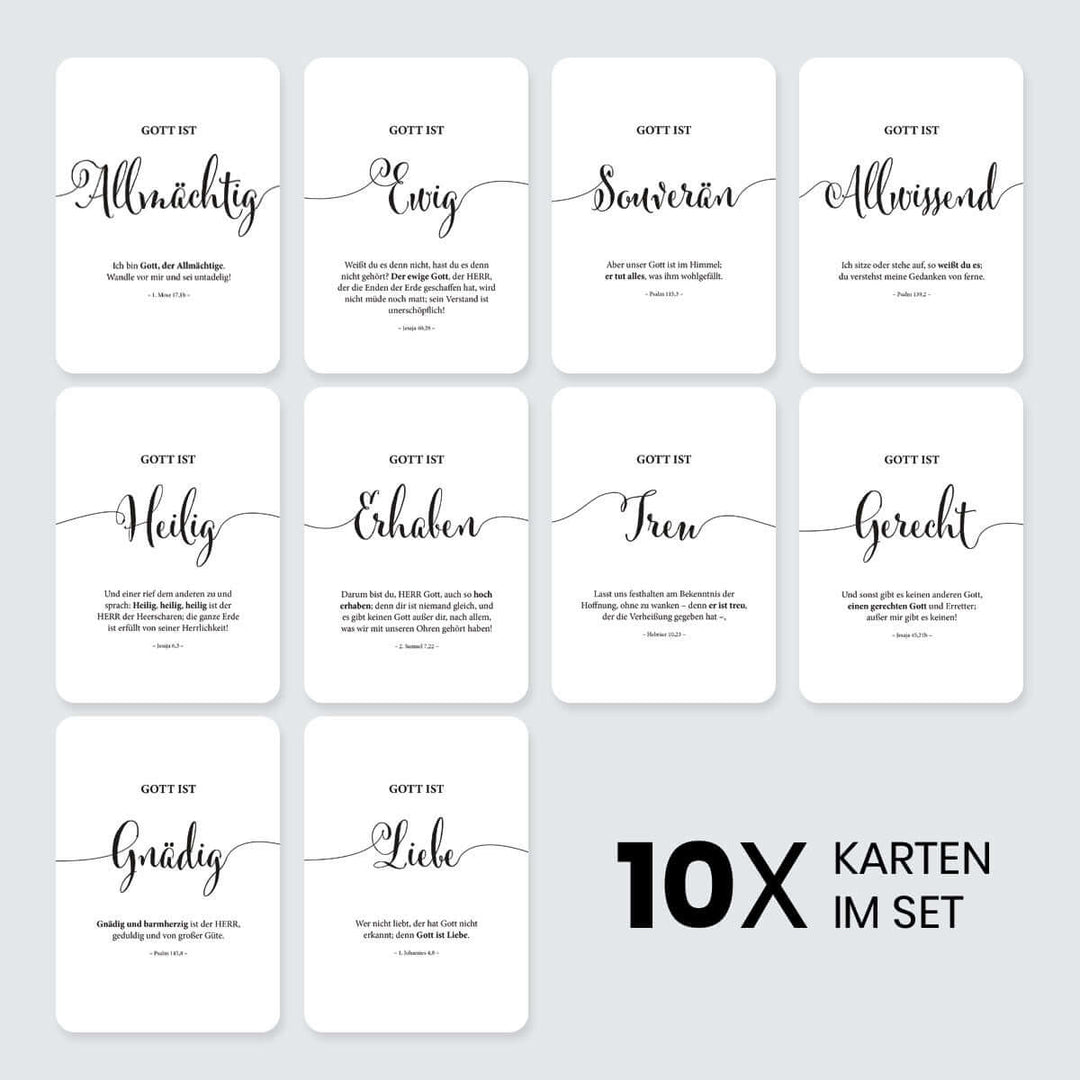 Kartenset "Gottes Wesen" s/w · 10 Karten inkl. Holz-Kartenhalter – Aus Gnade