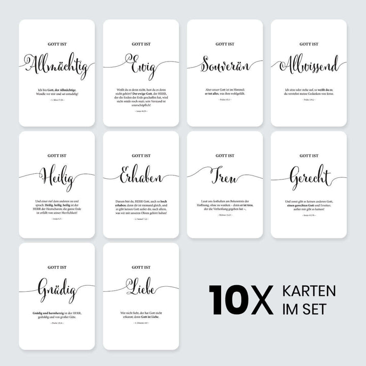 Kartenset "Gottes Wesen" s/w · 10 Karten inkl. Holz-Kartenhalter – Aus Gnade