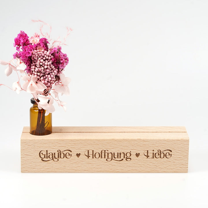 Kartenhalter "Glaube Hoffnung Liebe" mit Trockenblumen · Holzgravur · handmade · inkl. Postkarte