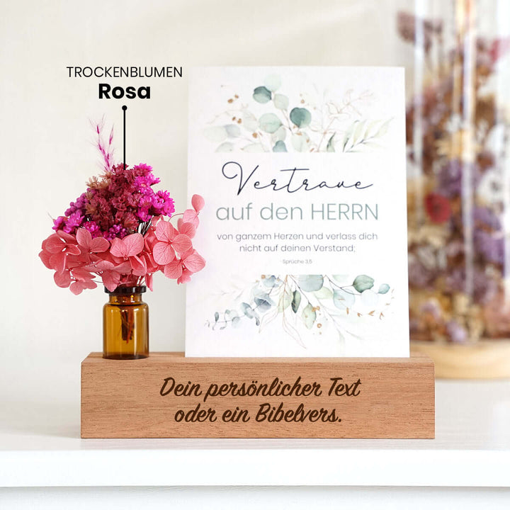 Personalisierter Kartenhalter "Dein Text" mit Trockenblumen · Holzgravur · inkl. Postkarte