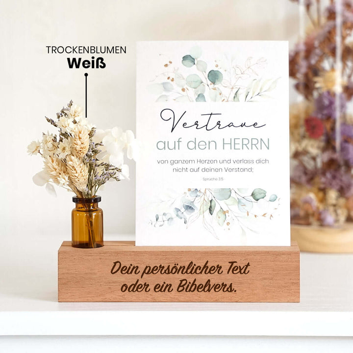 Personalisierter Kartenhalter "Dein Text" mit Trockenblumen · Holzgravur · inkl. Postkarte