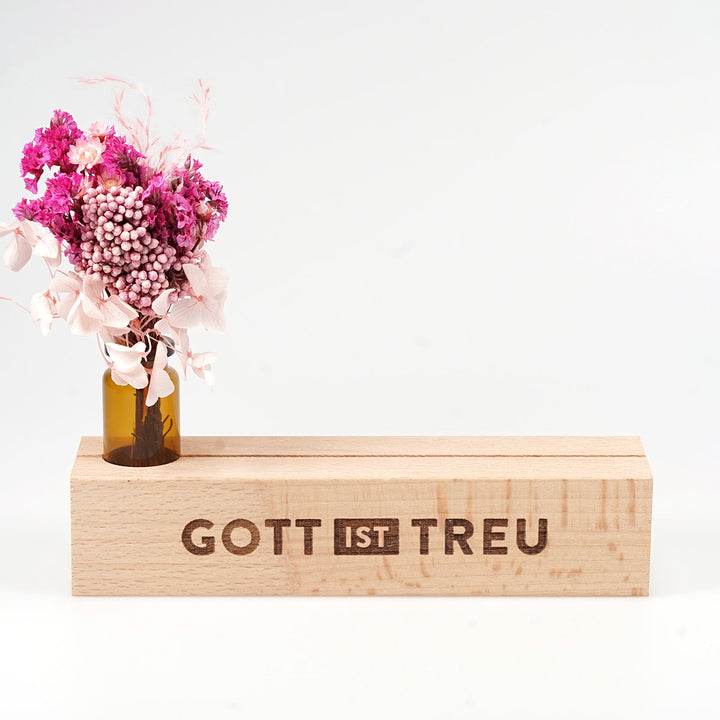 Kartenhalter "Gott ist treu" mit Trockenblumen · Holzgravur · inkl. Postkarte