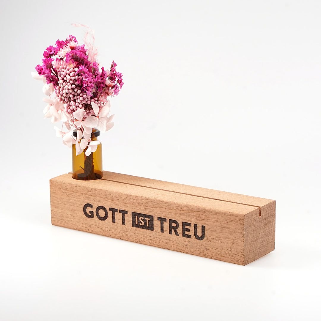 Kartenhalter "Gott ist treu" mit Trockenblumen · Holzgravur · inkl. Postkarte